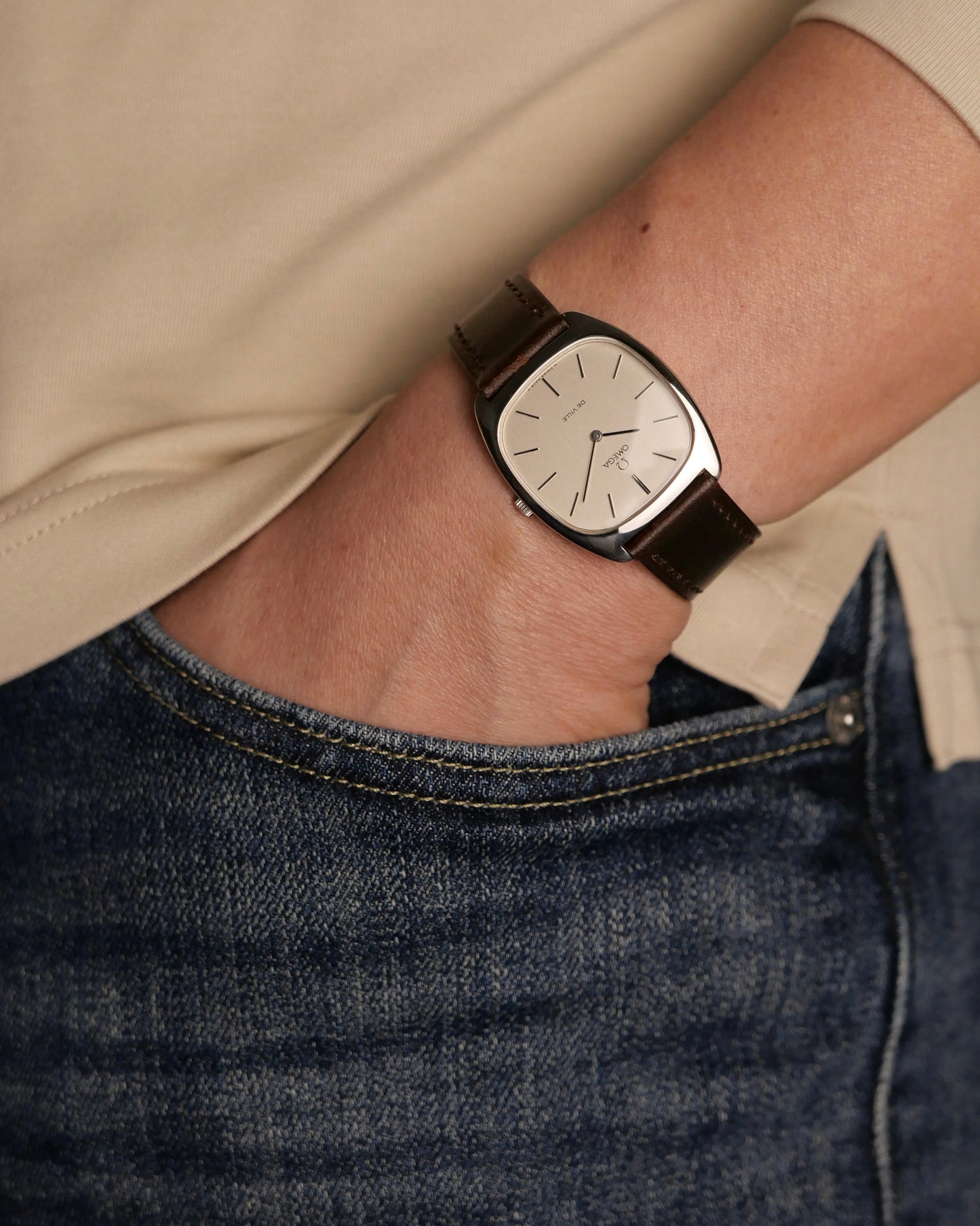 Omega De Ville “Tonneau TV” Brushed Silver Dial Ref. 111.0139 (circa 1975)