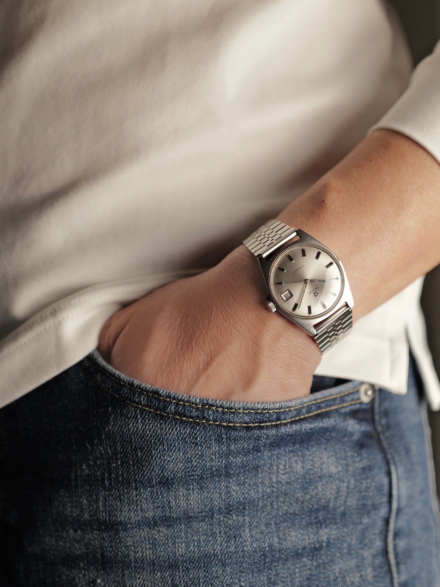 Omega Geneve Date Cushion-Tonneau Silver Domed Dial Ref. 136.041 (circa 1969)