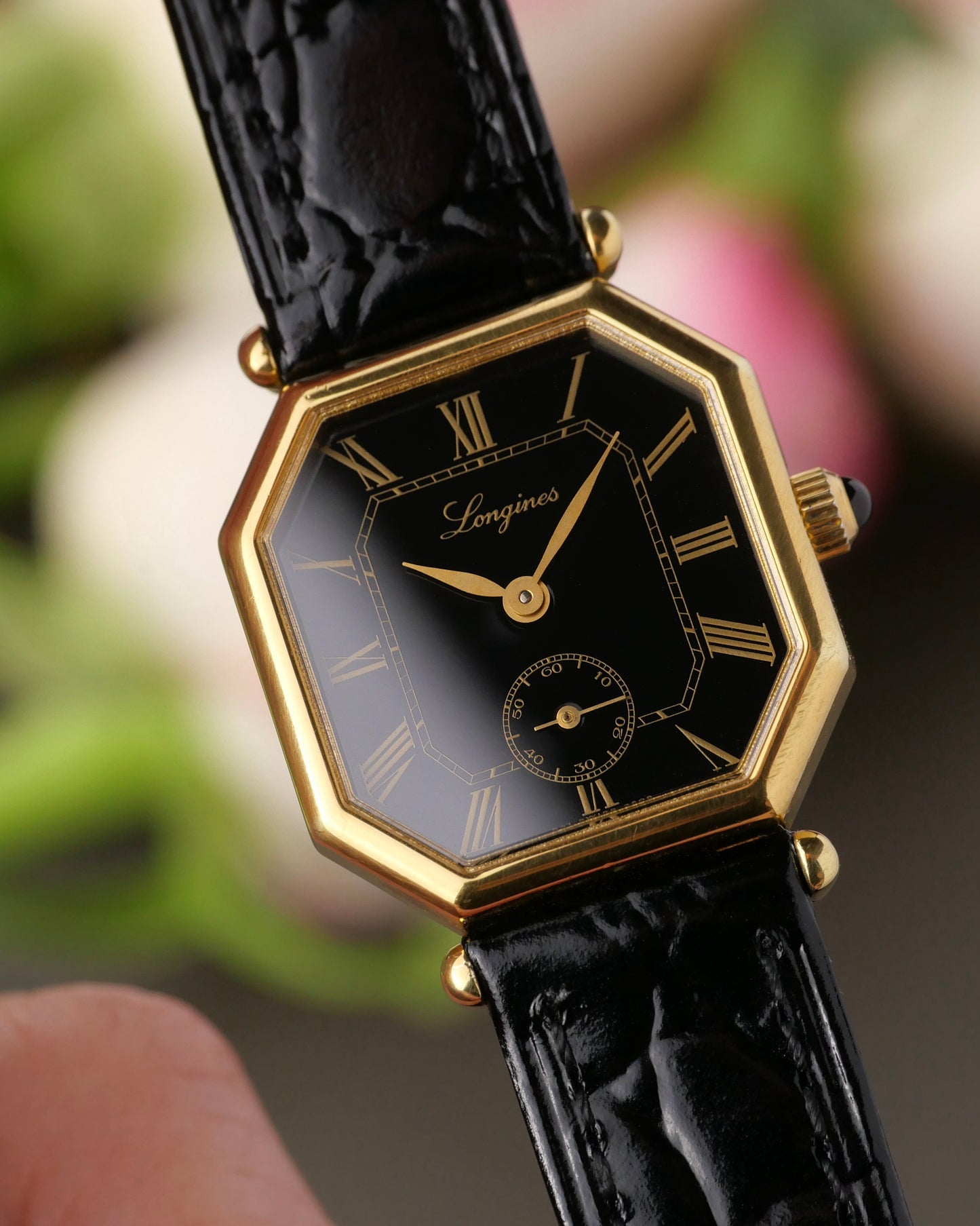 Longines “Mini Octagon Black Gilt Roman” Ref. 3208 (circa 1980s)