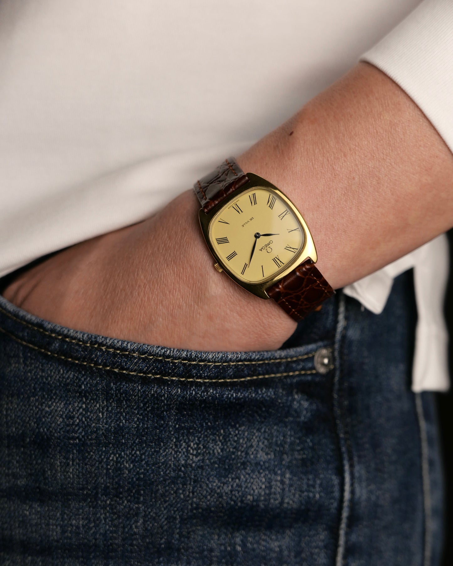 Omega De Ville “Tonneau Cushion” Roman Champagne Dial Ref. 111.0139 (circa 1978)