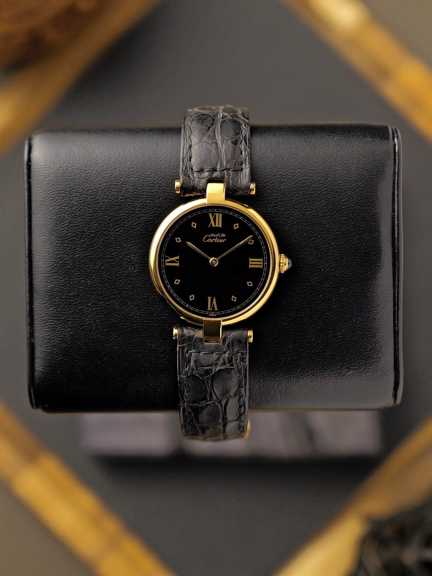 Cartier Vendôme Vermeil Black Gilt Semi-Roman Dial Ref. 590003 (circa early 1980s)