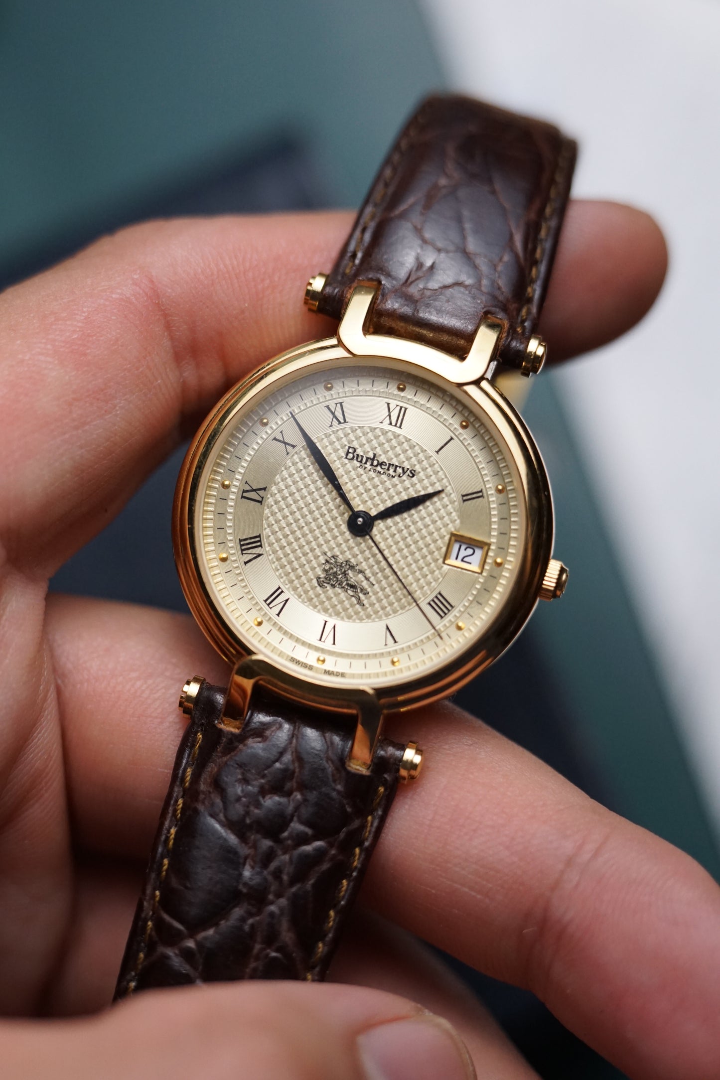 RARE Burberry Classic Guilloche T-lugs Gold swiss made variation