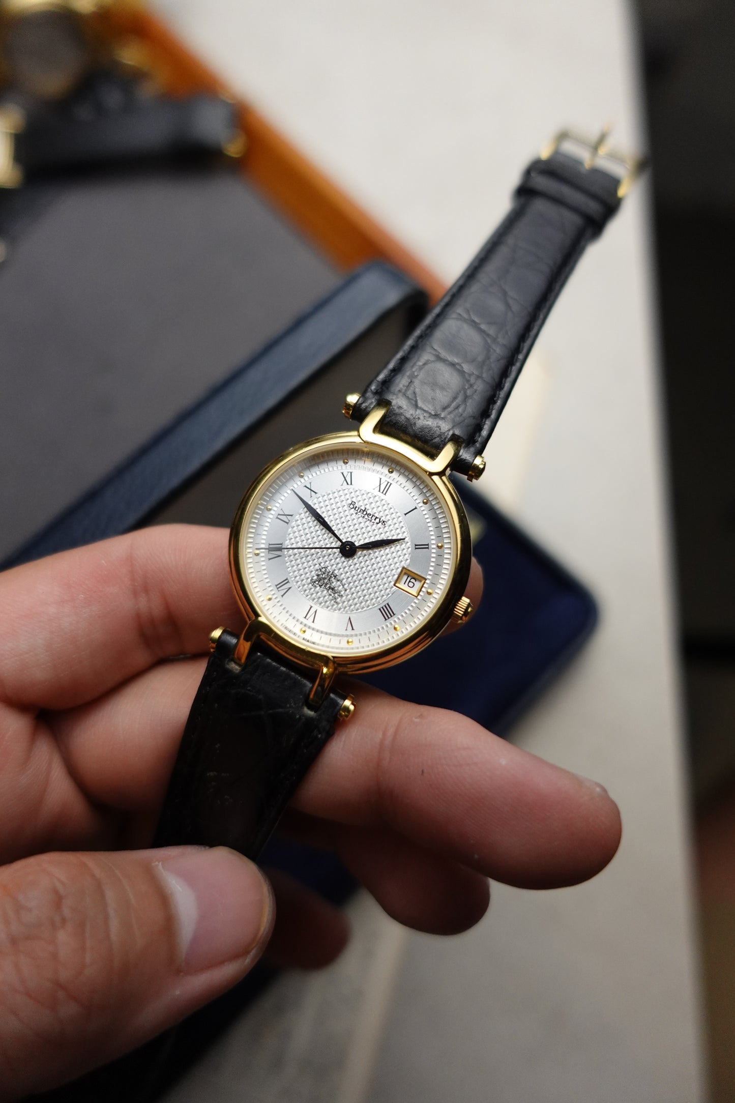 RARE Burberry Classic Guilloche T-lugs Gold swiss made variation