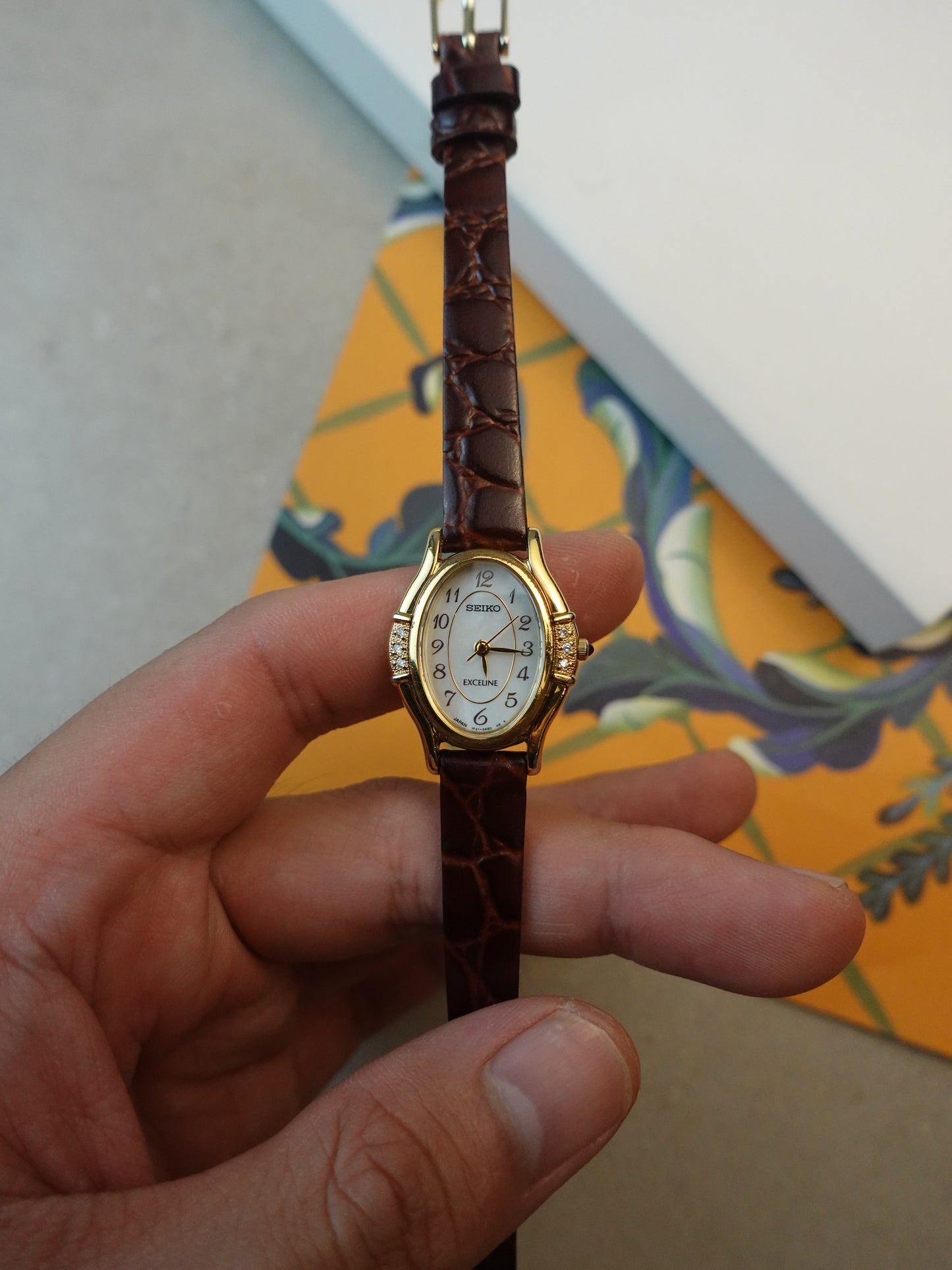 Gold Seiko Exceline Art Deco Diamond Case with Pink Mother of pearl Dial