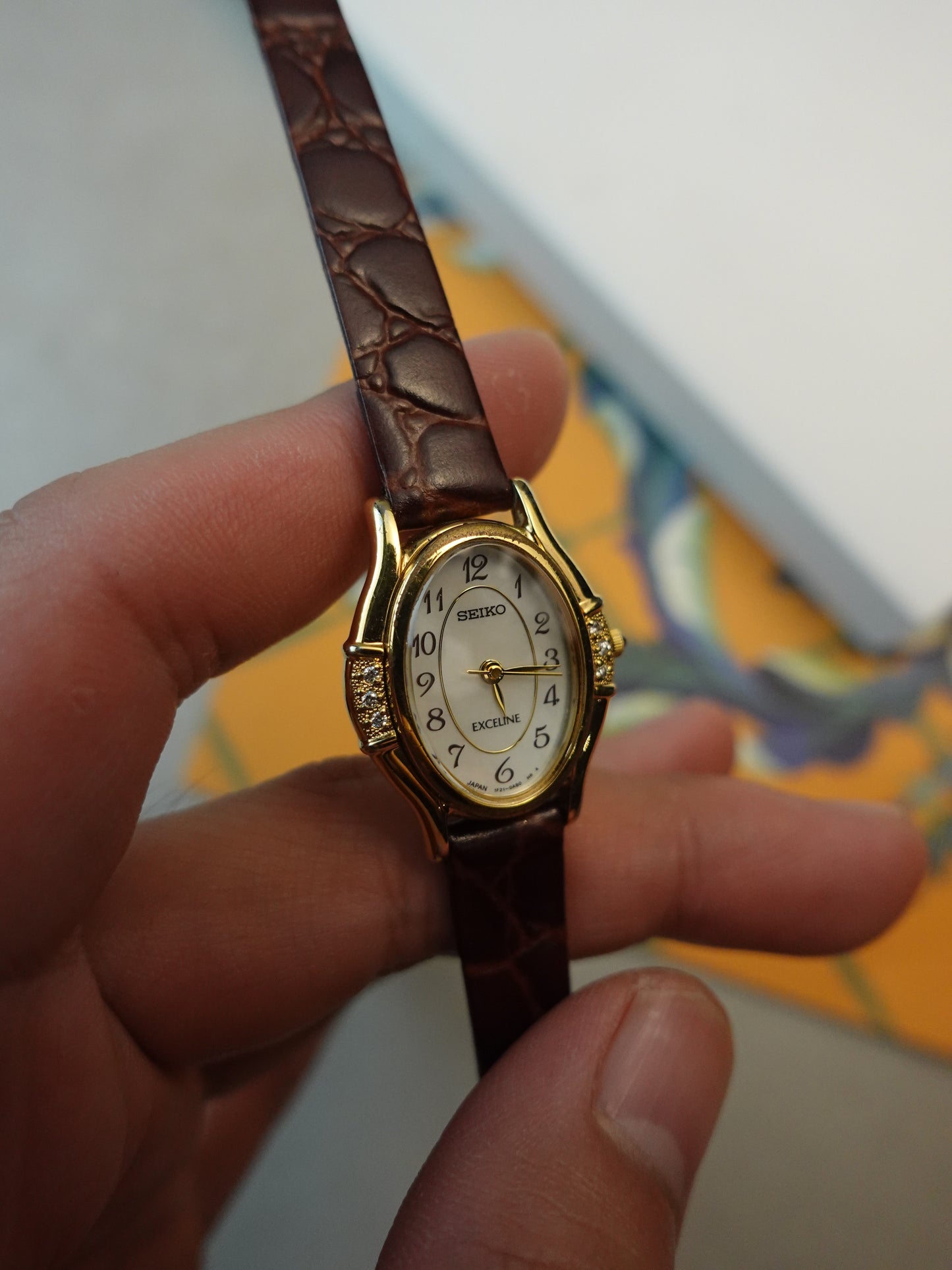 Gold Seiko Exceline Art Deco Diamond Case with Pink Mother of pearl Dial