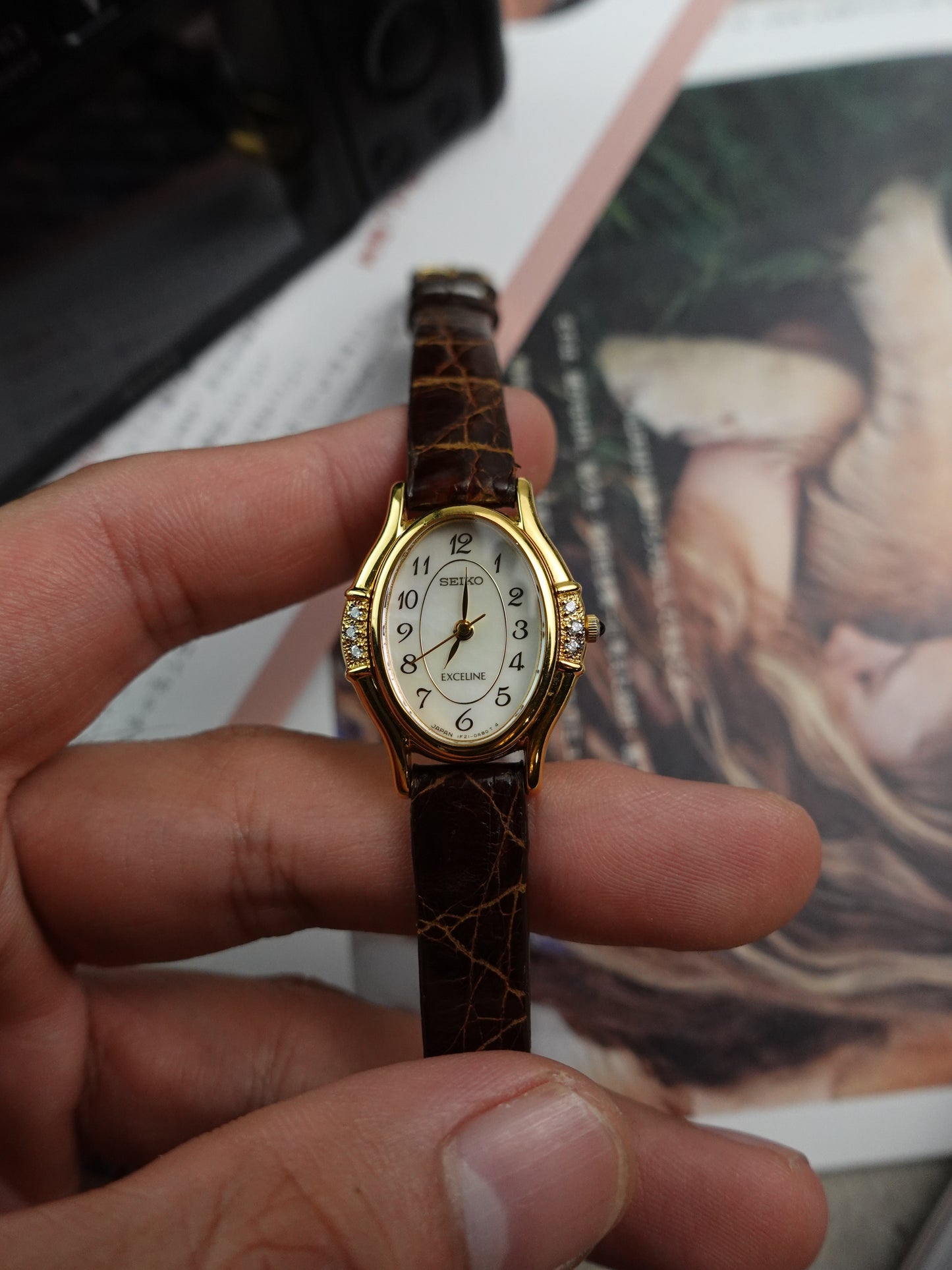 Gold Seiko Exceline Art Deco Diamond Case with Pink Mother of pearl Dial