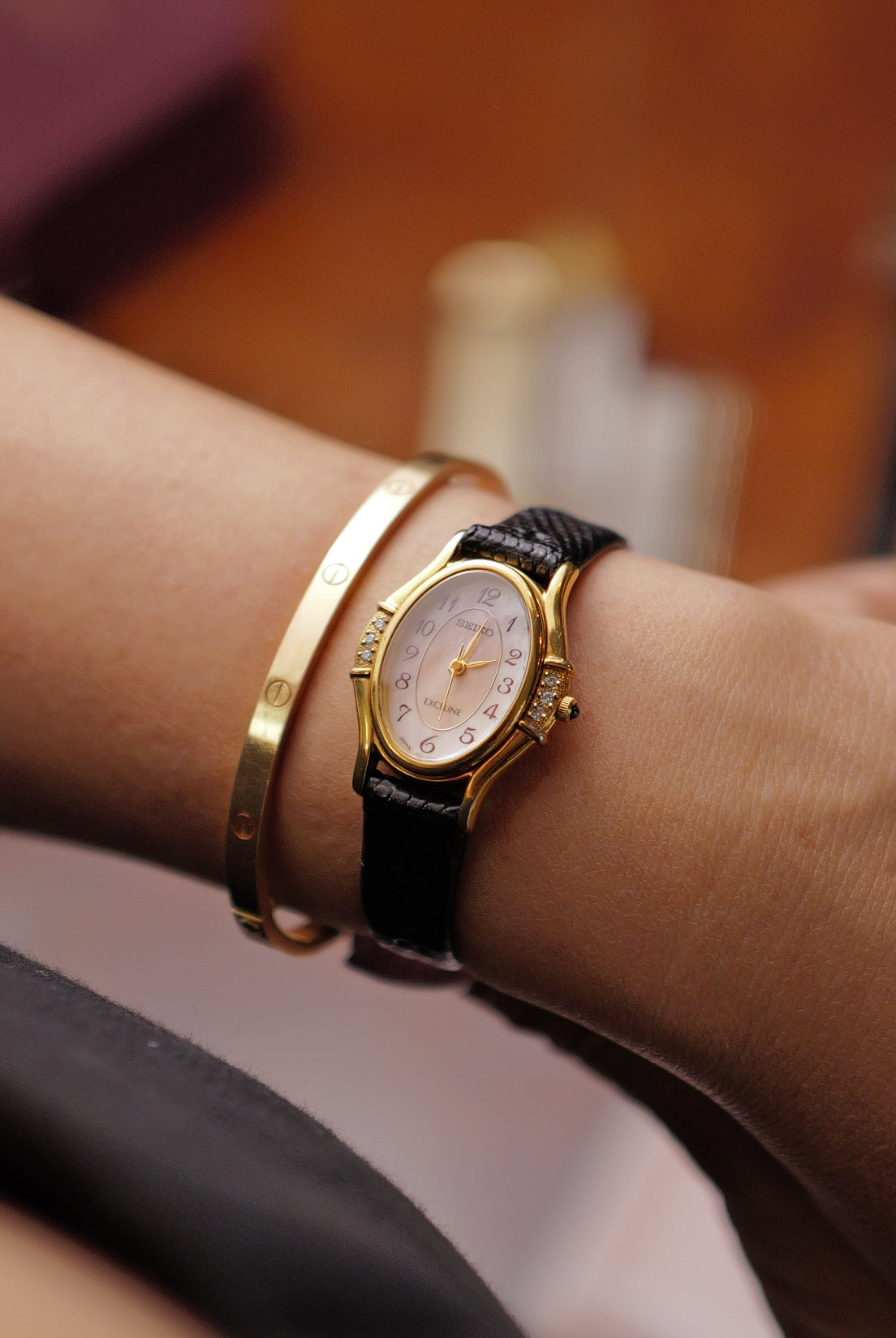 Seiko Exceline Art Deco Diamond Case with Pink Mother of Pearl Dial
