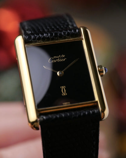 Cartier Tank Must de Cartier Vermeil “Plain Black” LM Ref. 681006 (circa 1990s)