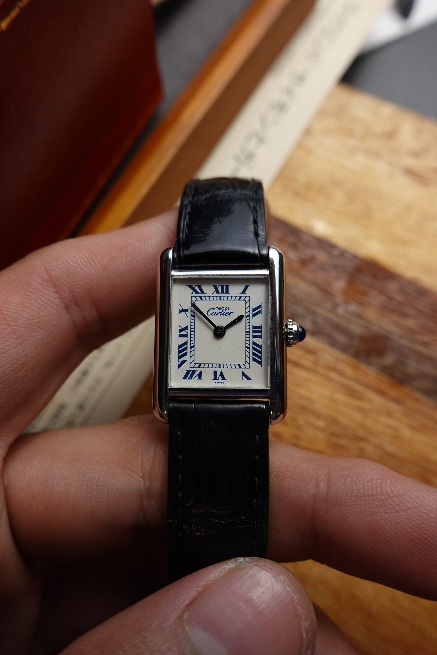 Must de Cartier Tank in silver SM with dark blue numerals Quartz movement #240298