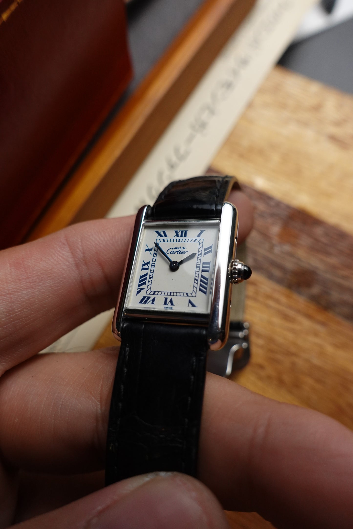 Must de Cartier Tank in silver SM with dark blue numerals Quartz movement #240298