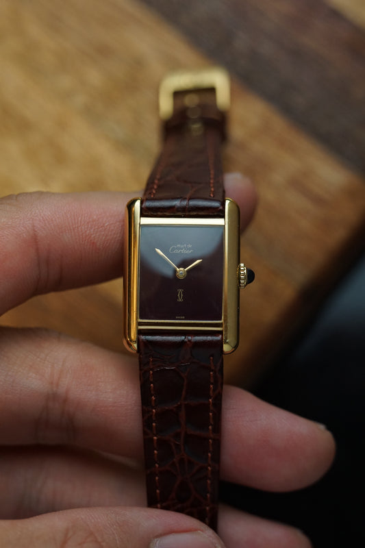 80s Must De Cartier Tank Maroon Lacquer Dial Manual winding SM