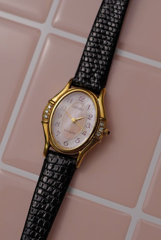 Seiko Exceline Art Deco Diamond Case with Pink Mother of Pearl Dial
