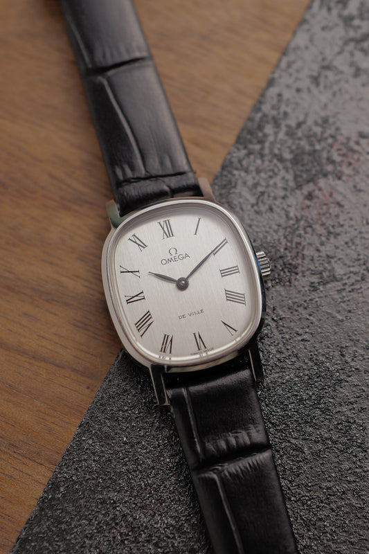 Omega Ellipse "Brushed Silver" Circa. 1970s w/ original buckle and sticker